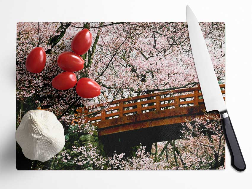 Cherry Blossom Bridge Glass Chopping Board