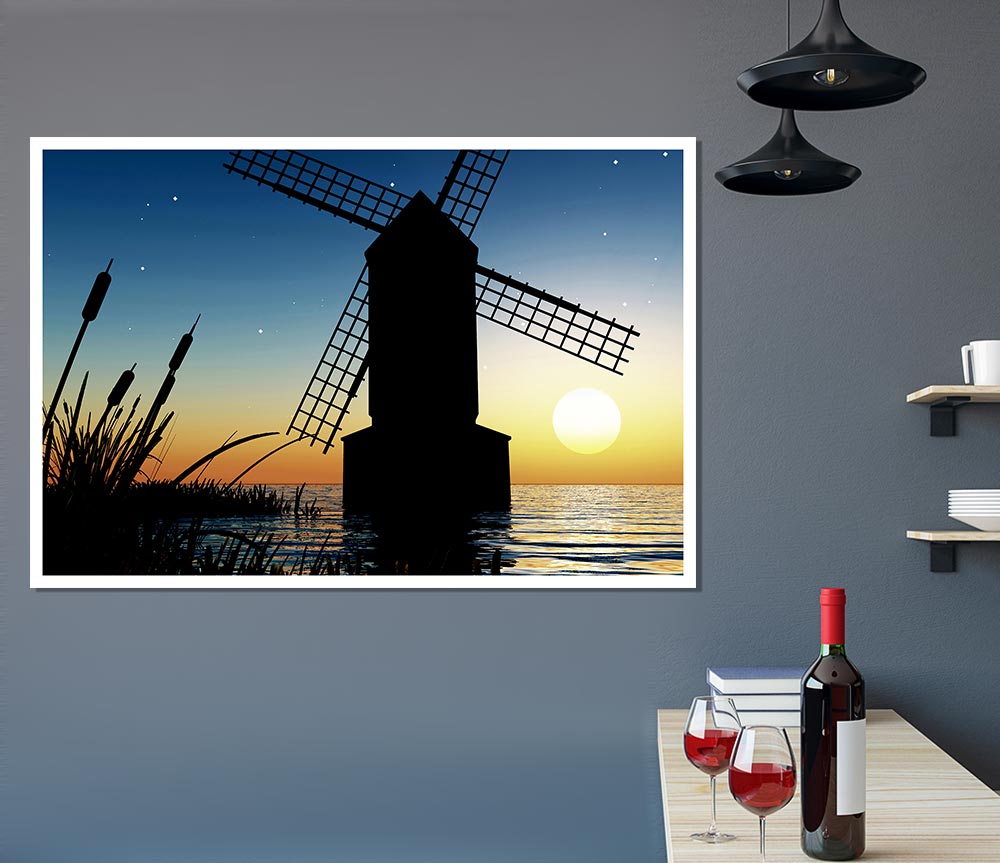 Windmill Ocean Nights Print Poster Wall Art