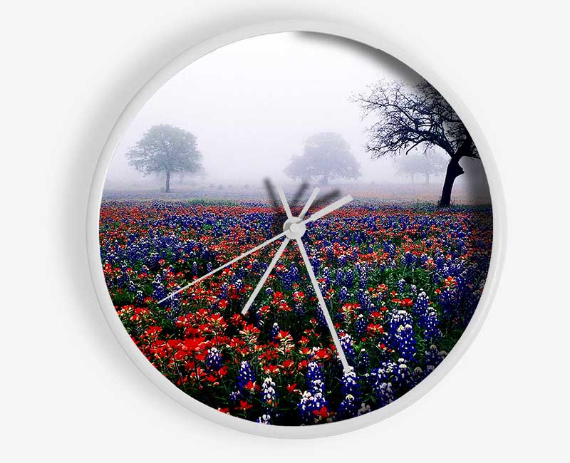 Field Of Flowers In The Morning Mist Clock - Wallart-Direct UK