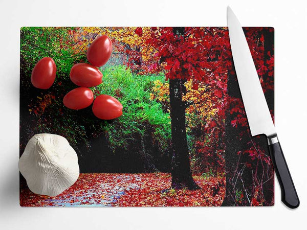 The Autumn Red Road Glass Chopping Board