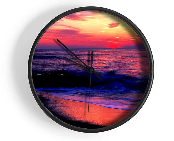 Stunning Red Distant Sun Ocean Clock - Wallart-Direct UK