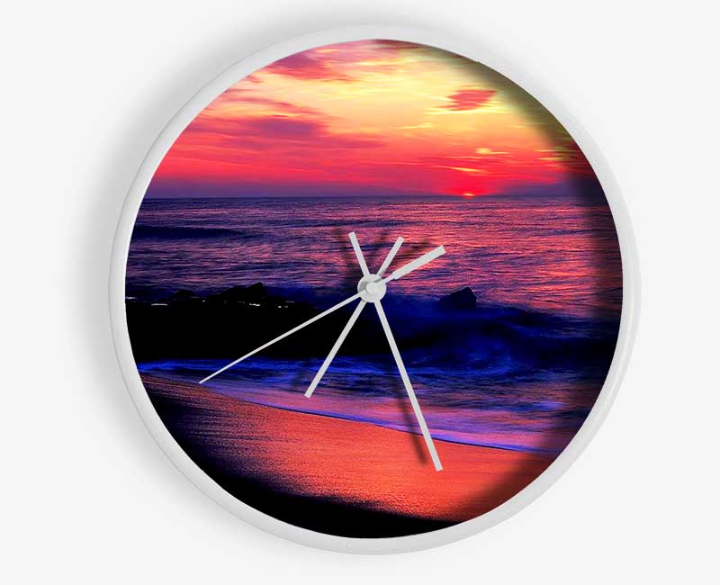 Stunning Red Distant Sun Ocean Clock - Wallart-Direct UK