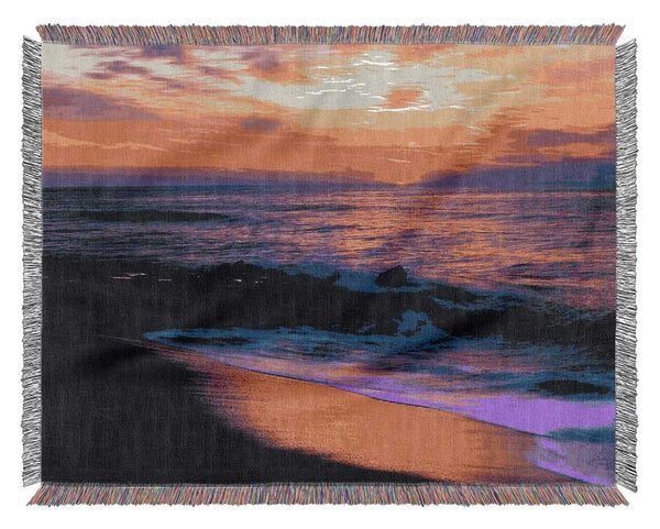 Stunning Red Distant Sun Ocean Woven Blanket