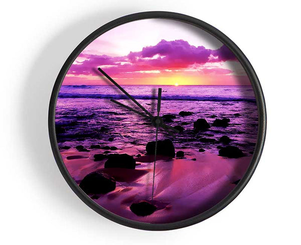 Purple Ocean Sunrise Rocks Clock - Wallart-Direct UK