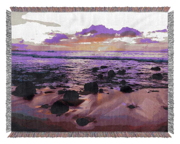 Purple Ocean Sunrise Rocks Woven Blanket