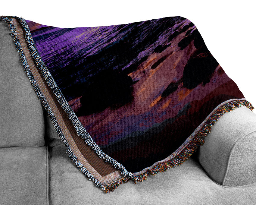 Purple Ocean Sunrise Rocks Woven Blanket