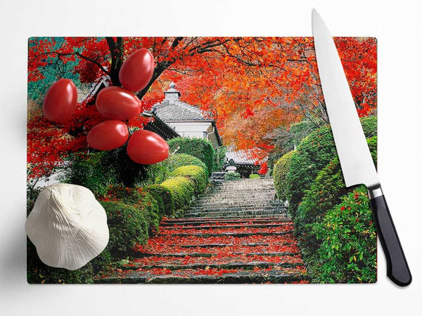 Red Autumn Garden Glass Chopping Board