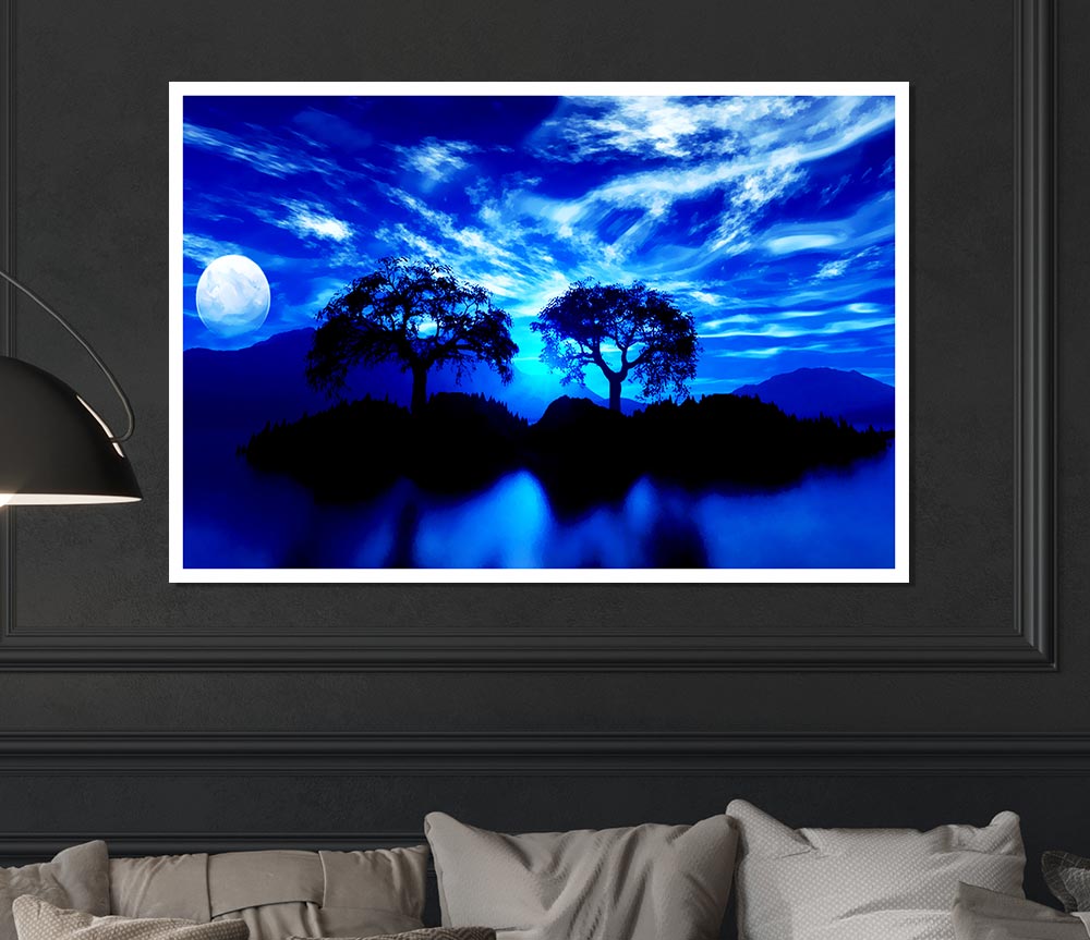 Blue Twin Island Moon Print Poster Wall Art