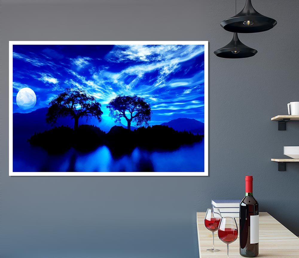 Blue Twin Island Moon Print Poster Wall Art