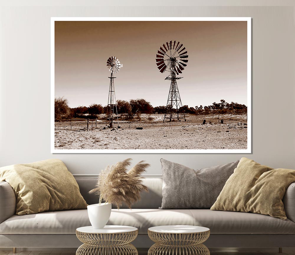 Australian Windmills Sepia Print Poster Wall Art