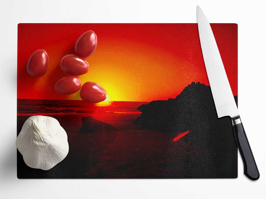 Red Rocky Ocean Sun Blaze Glass Chopping Board