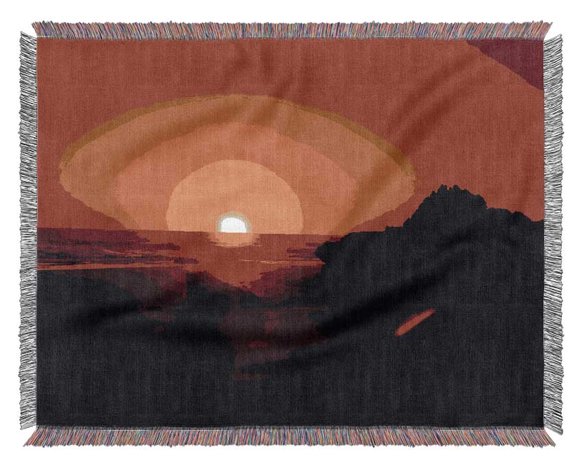 Red Rocky Ocean Sun Blaze Woven Blanket