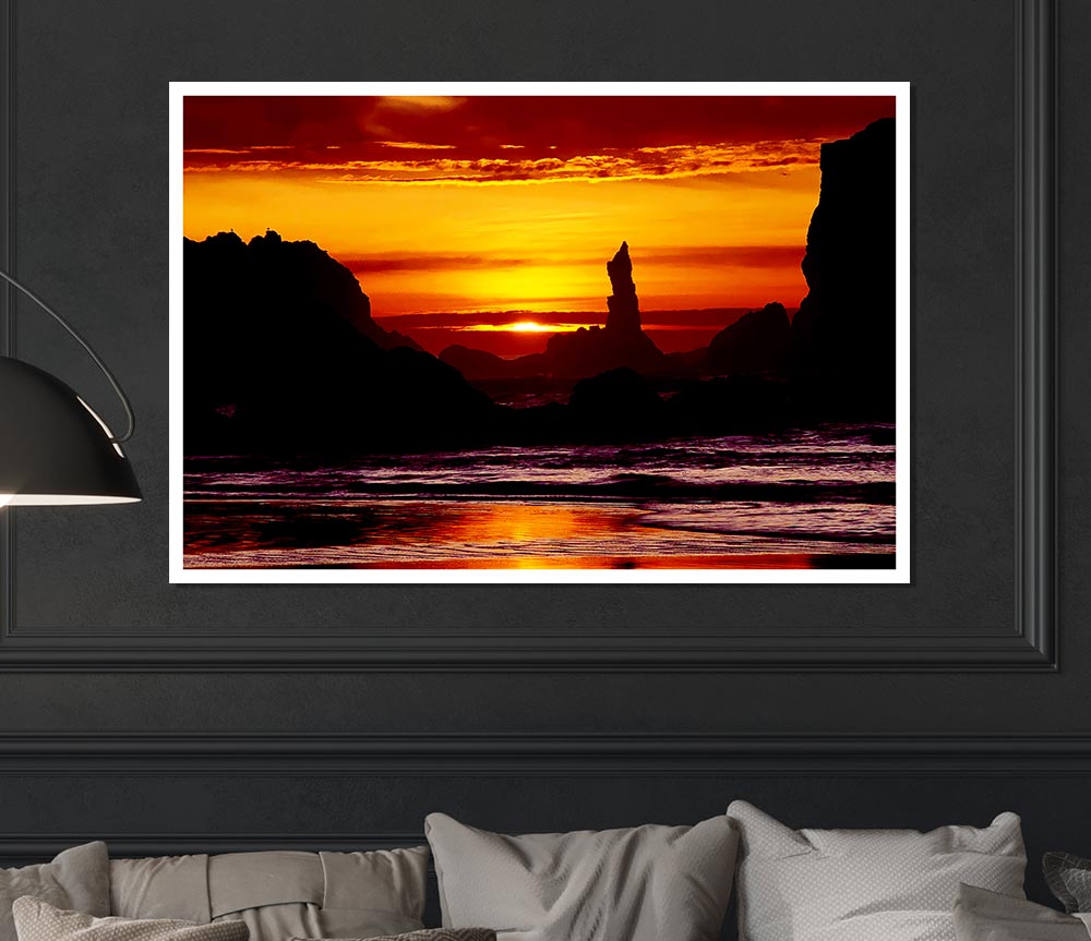 Tranquil Orange Ocean Rocks Print Poster Wall Art