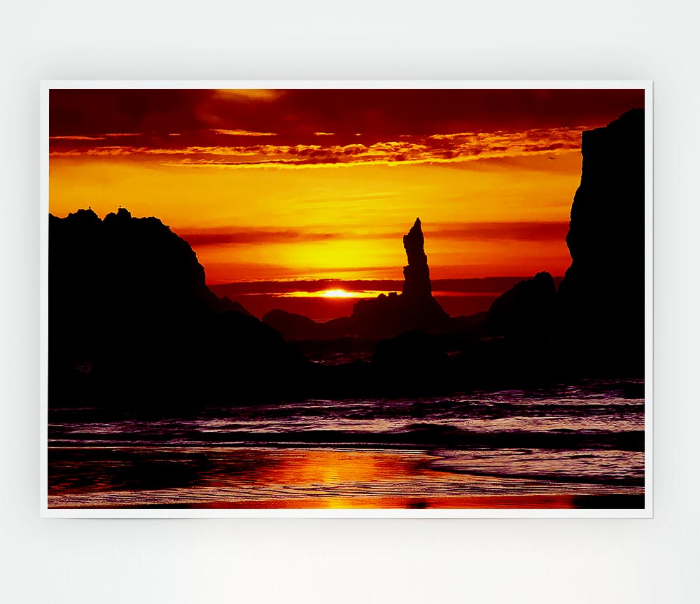 Tranquil Orange Ocean Rocks Print Poster Wall Art