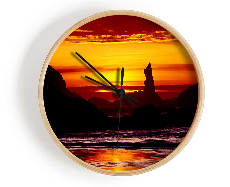 Tranquil Orange Ocean Rocks Clock - Wallart-Direct UK