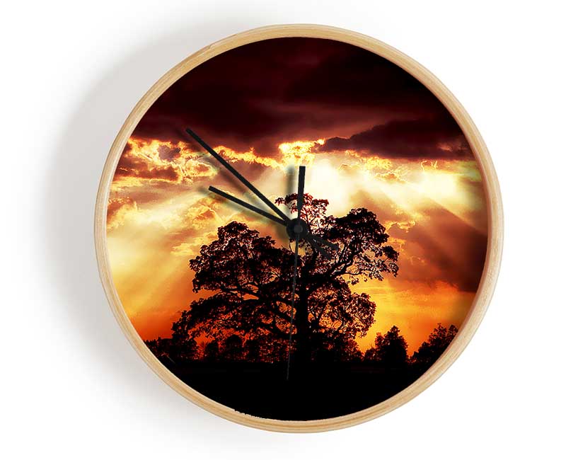 Stunning Cloud Sunrays Over The Morning Tree Clock - Wallart-Direct UK