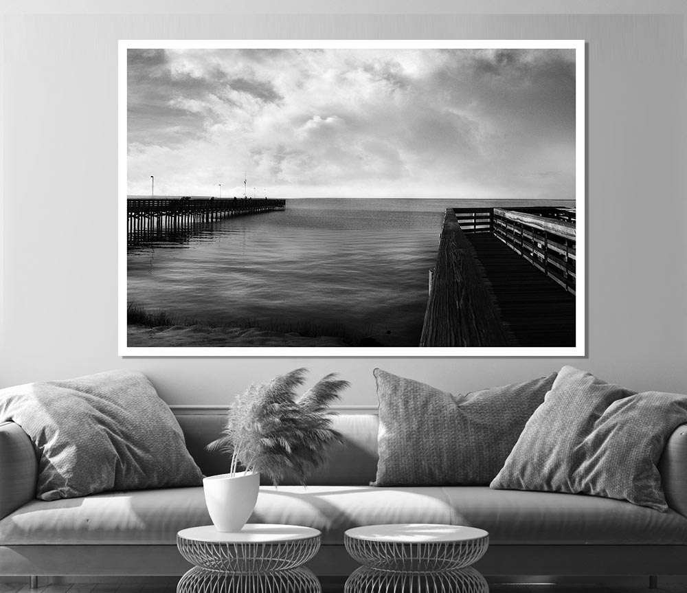 Twin Pier Ocean B N W Print Poster Wall Art