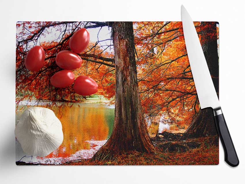 Autumn Orange River Reflections Glass Chopping Board