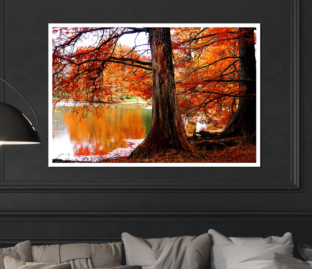 Autumn Orange River Reflections Print Poster Wall Art