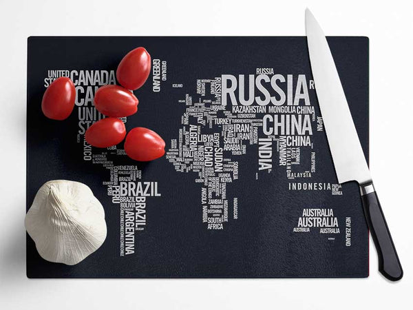 World Map Typography Glass Chopping Board