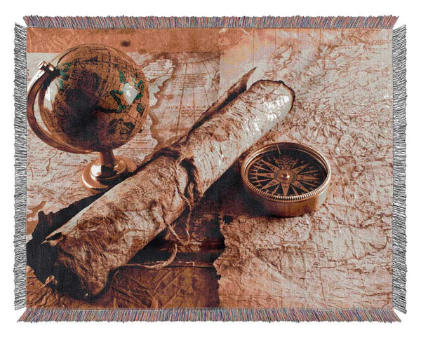 Old Maps And Compass With Globe Woven Blanket