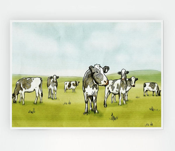 Cows Drawing Print Poster Wall Art