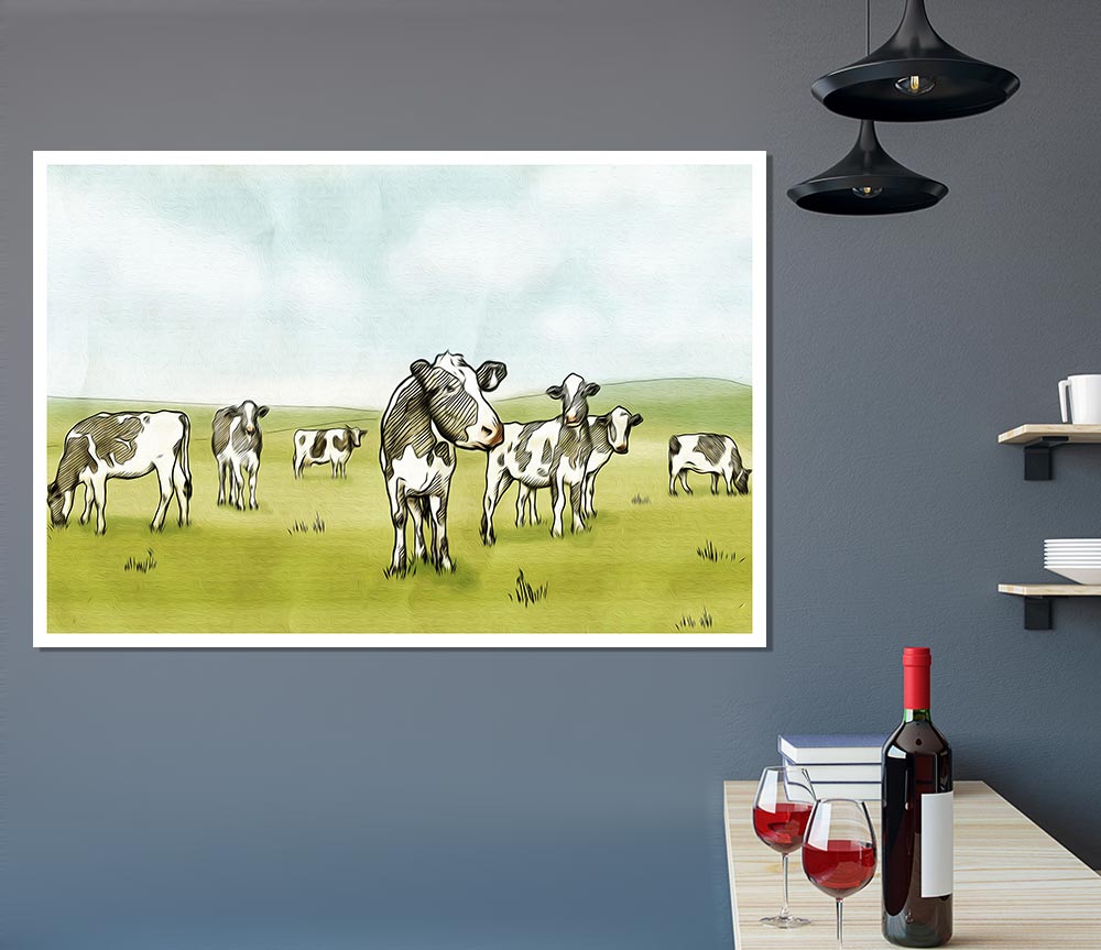 Cows Drawing Print Poster Wall Art