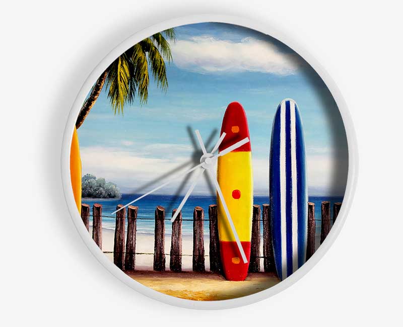 Surfboards On The Fence Clock - Wallart-Direct UK