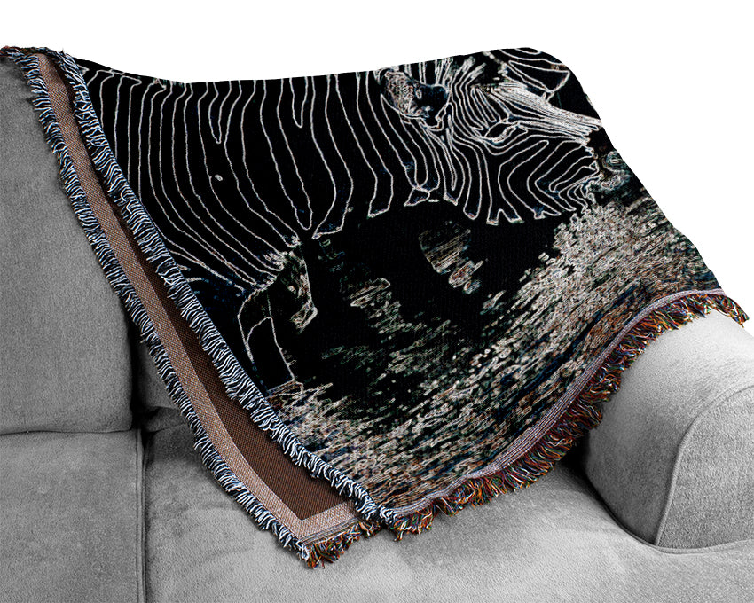 Zebra At The Watering Hole Woven Blanket