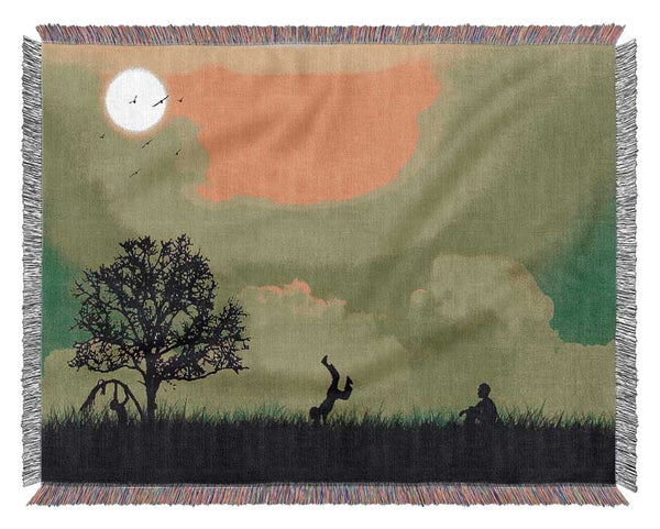 Children Playing Green Woven Blanket