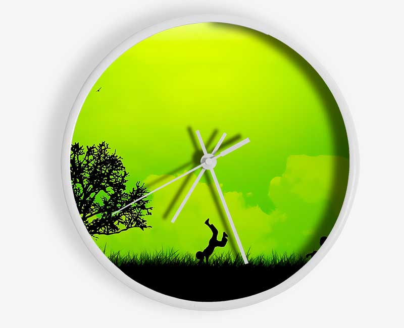 Children Playing Green Clock - Wallart-Direct UK