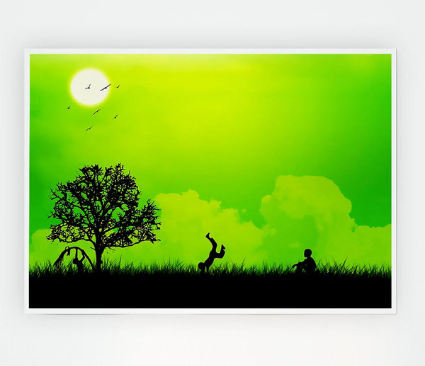 Children Playing Green Print Poster Wall Art