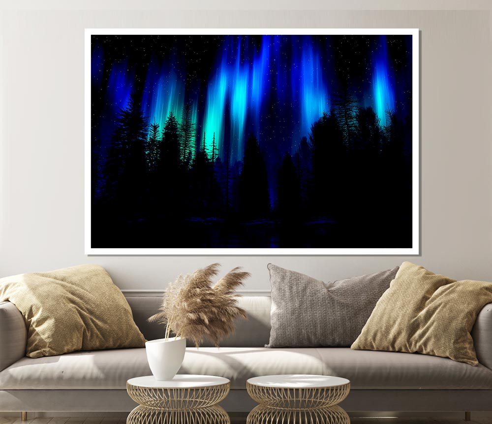 Blue Northern Lights Through The Forest Print Poster Wall Art