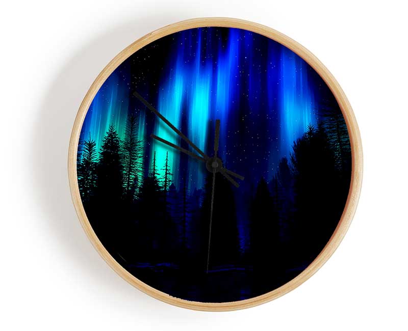 Blue Northern Lights Through The Forest Clock - Wallart-Direct UK