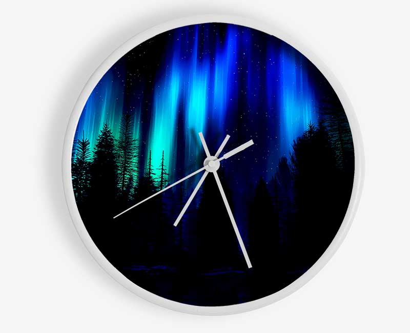 Blue Northern Lights Through The Forest Clock - Wallart-Direct UK