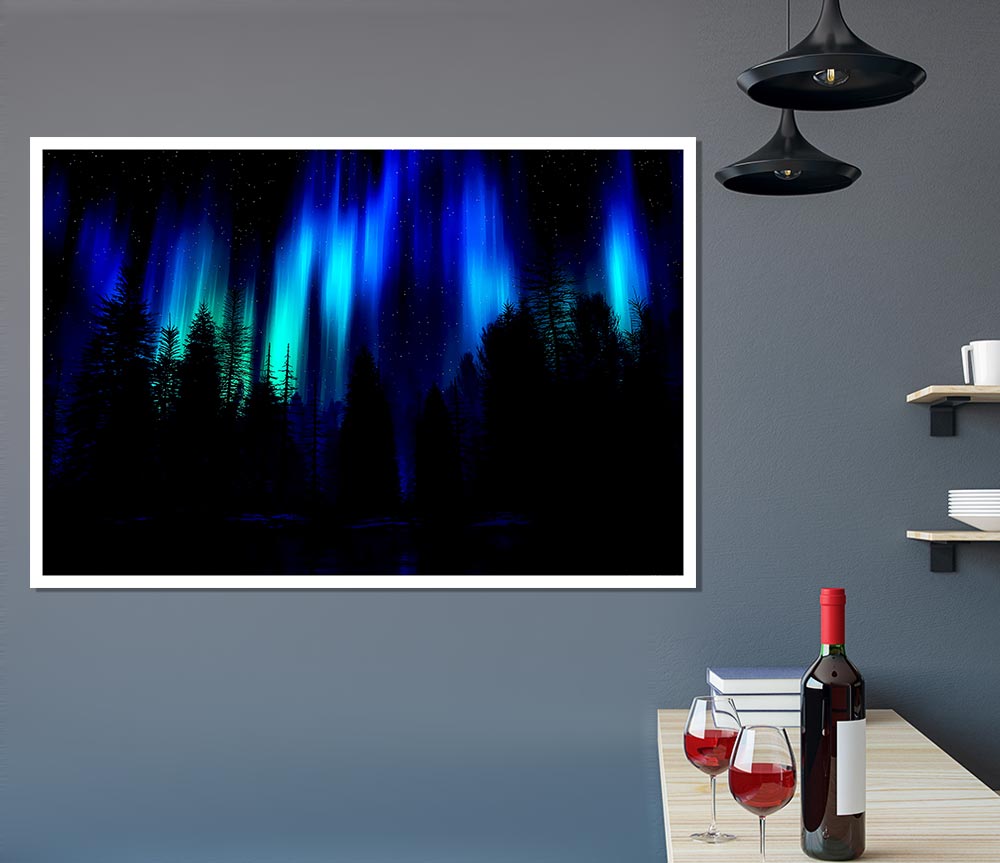 Blue Northern Lights Through The Forest Print Poster Wall Art