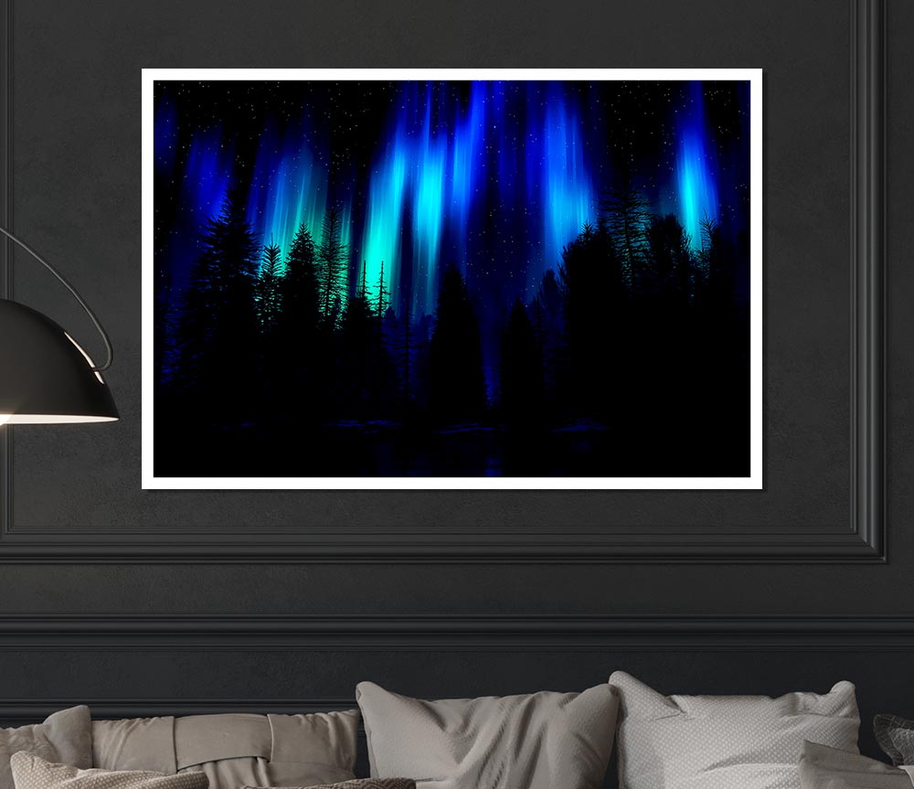 Blue Northern Lights Through The Forest Print Poster Wall Art