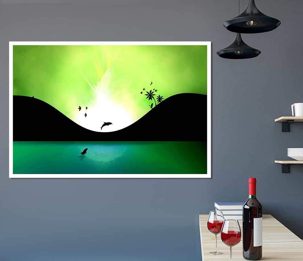 Green Dolphin Paradise Print Poster Wall Art