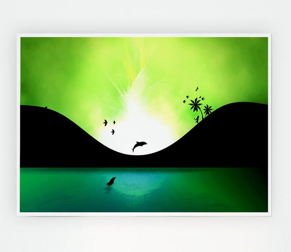 Green Dolphin Paradise Print Poster Wall Art