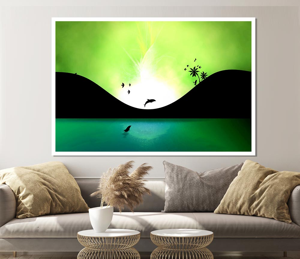 Green Dolphin Paradise Print Poster Wall Art