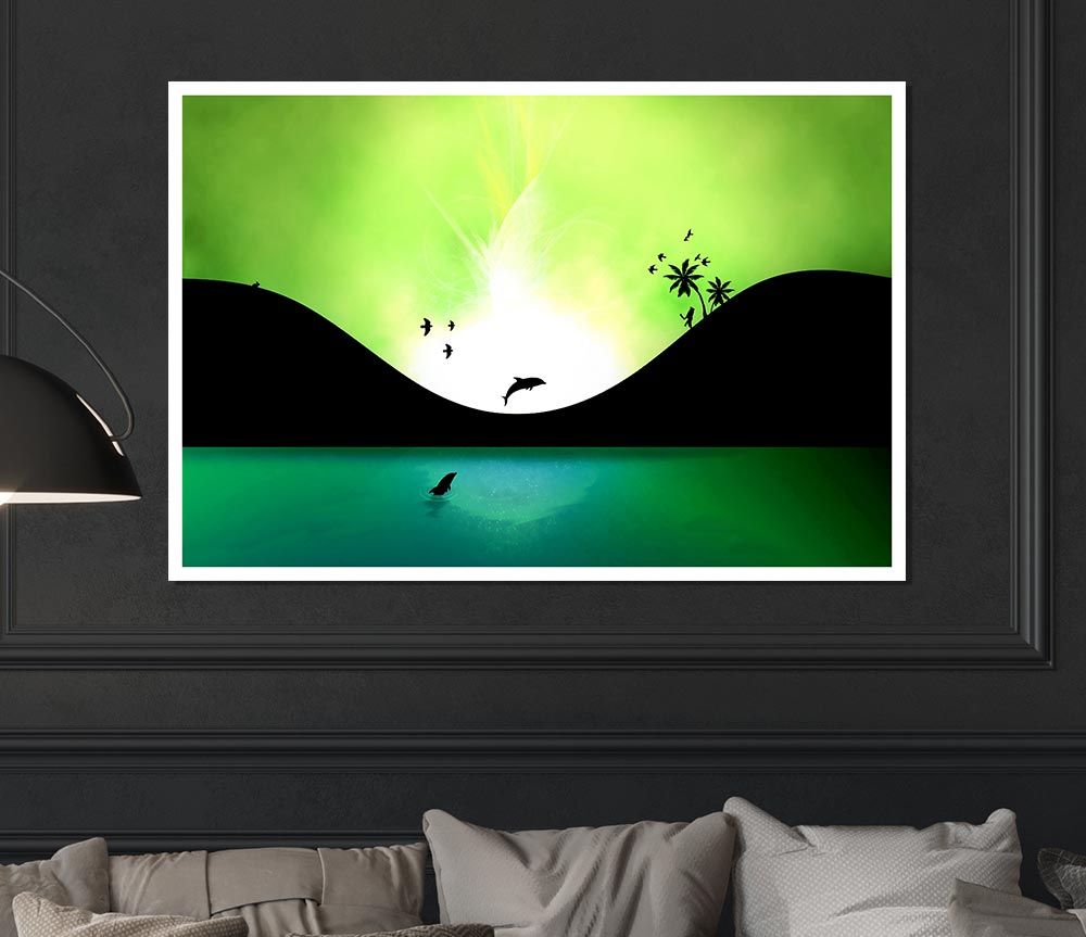 Green Dolphin Paradise Print Poster Wall Art