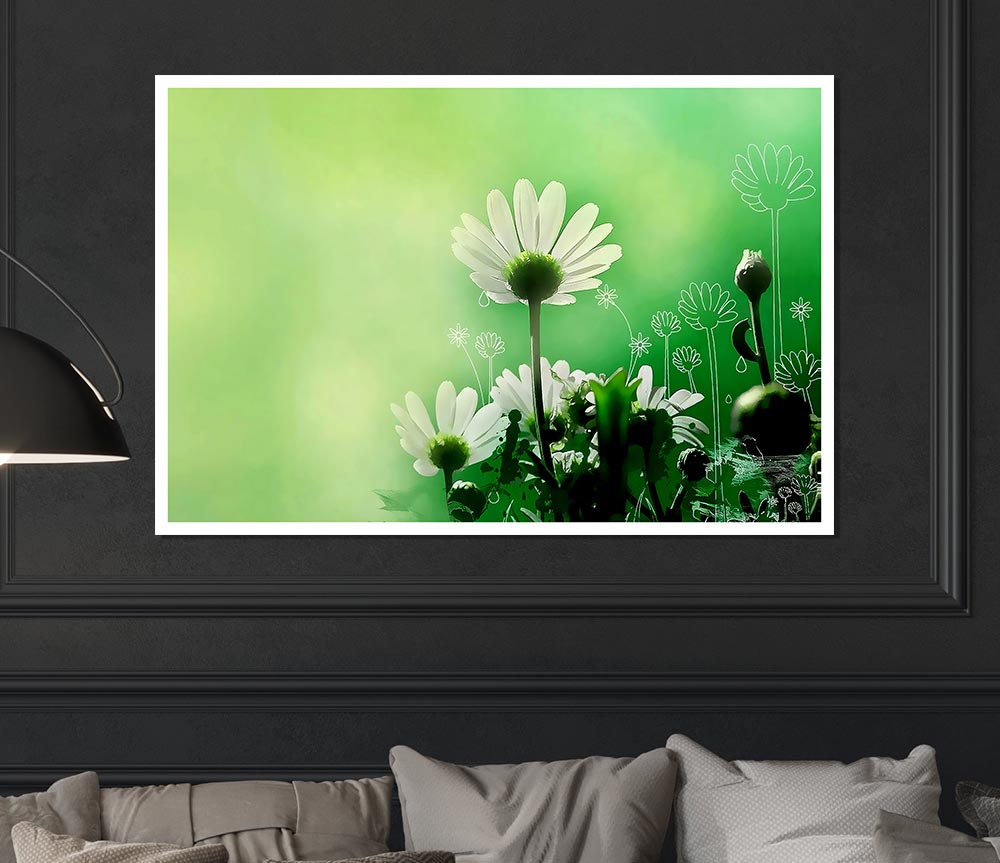 Green Daisy Garden Print Poster Wall Art