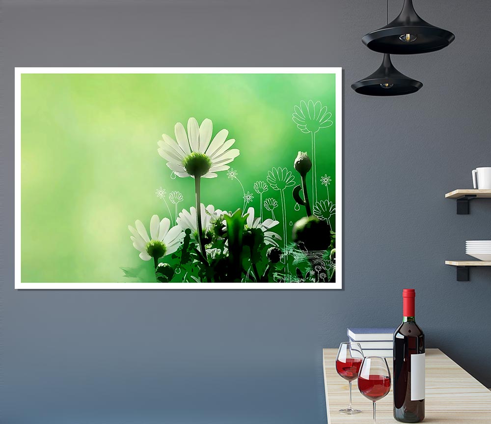 Green Daisy Garden Print Poster Wall Art