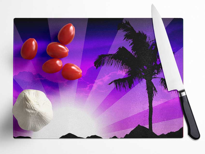 Purple Palmtree Sunrays Glass Chopping Board