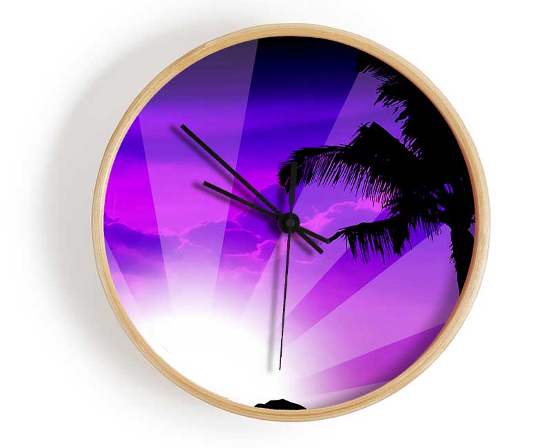 Purple Palmtree Sunrays Clock - Wallart-Direct UK