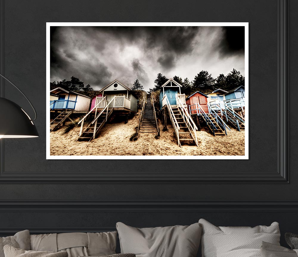 Beach Hut Storms Print Poster Wall Art