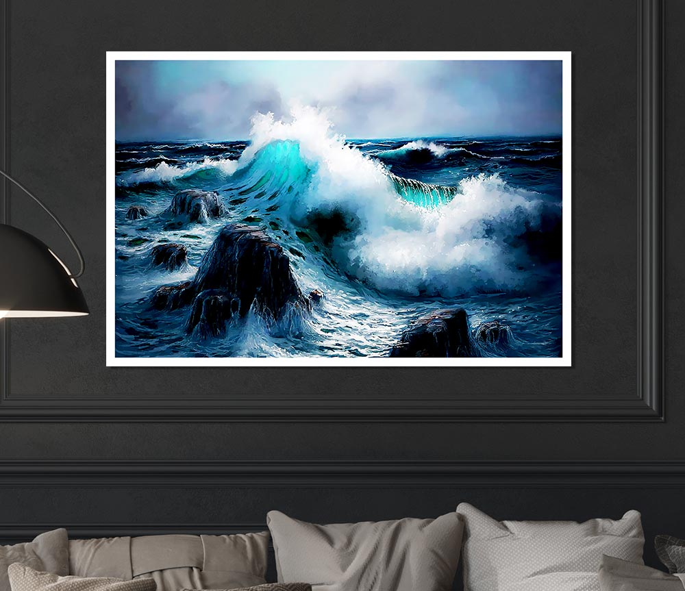 Waves Crashing On The Ocean Rocks Print Poster Wall Art