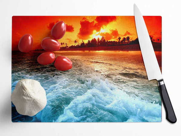 Tropical Beach Sunset Glass Chopping Board