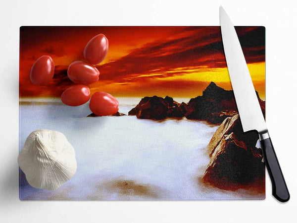 Stunning Red Sky Ocean Mist Glass Chopping Board