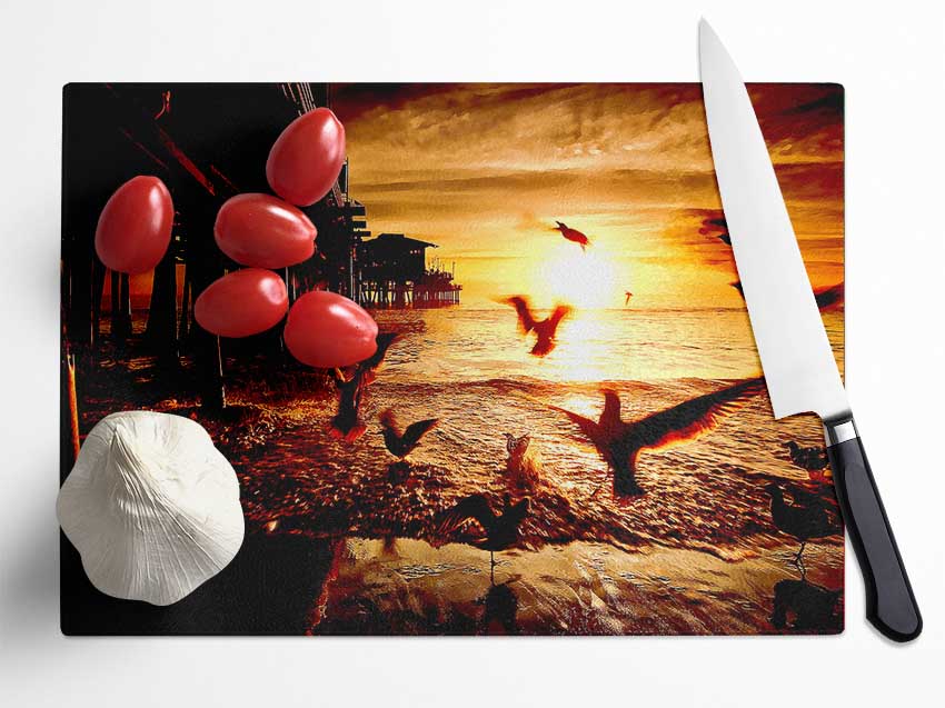 Sea And Fly Birds Glass Chopping Board